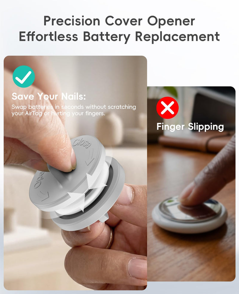 Silicone Keychain Case for AirTag 4 Pack with Battery Opener Gray | Anti-Scratch Silicone Air Tag Holder With Anti-Loss Key Rings and Battery Opener Tool for Keys, Backpack, Luggage and Pets Soft Silicone