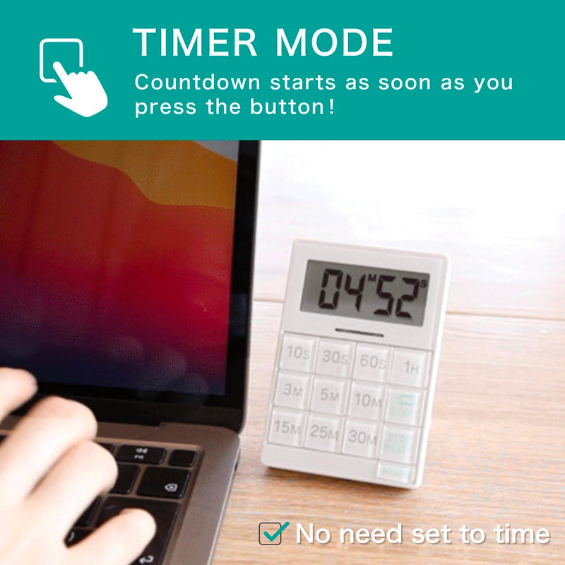 dretec One-Push Timer, Just Press, Easy, Time Saving, Interval, Silent, Kitchen Timer, Digital, Magnet, Stand, Light, Study, Muscle Training, Sports, White One push