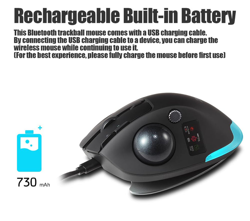 zelotes Wireless Trackball Mouse with Display,Ergonomic Bluetooth Mouse,Rechargeable,4800 DPI, 3-in-1(BT +2.4GHz USB Receiver+Type-C), 8 Programmable Buttons,LED Lighting,for Laptop, PC, Pad,Black
