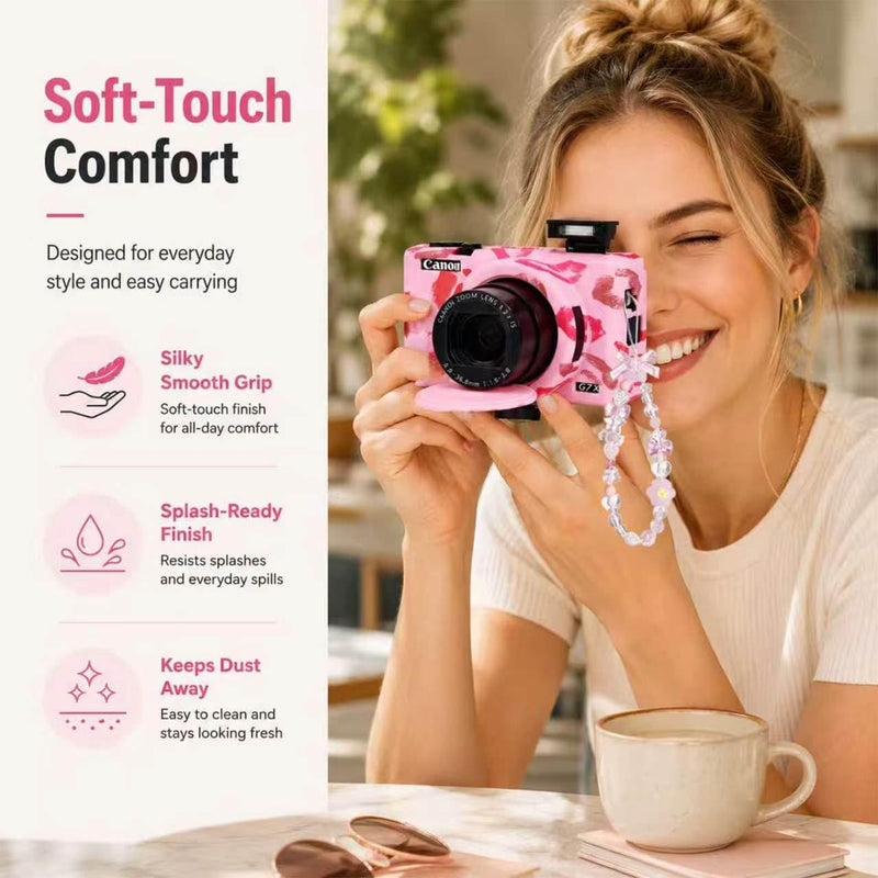 Cute Camera Case for Canon G7X Mark III,Silicone Protective Cover with Removable Lens Cap,Bracelet Wrist Strap & 2 Pack Tempered Glass Screen Protector for Women (Pink Lips) Pink Lips
