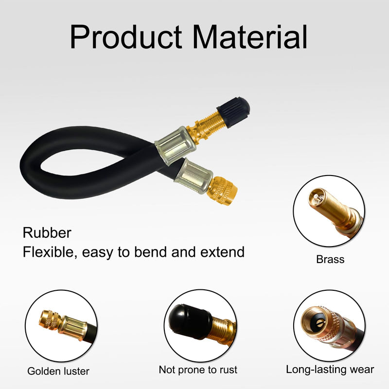 Valve Stem Extension, 2pcs 8.25 Inch Flexible Tire Valve Extender with 2pcs 90 Degree Brass Tire Valve Extension Adaptors, for Universal RV Cars Truck Motorcycle Bike Scooter