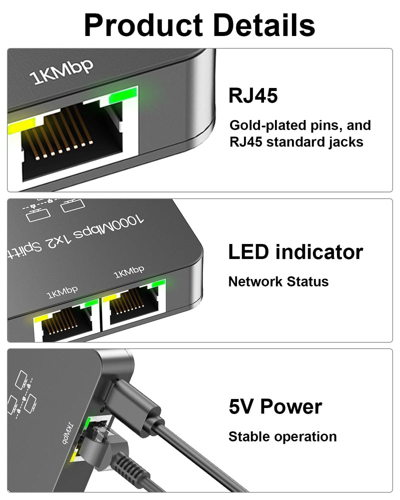 Ethernet Splitter 1 to 2 with Ethernet Cable, Gigabit RJ45 Internet Splitter Adapter 1000Mbps High Speed for Cat 5/5e/6/7/8 Cable,Grey