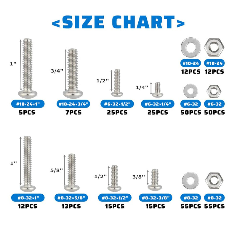 351Pcs Machine Screw 304 Stainless Steel Nuts and Bolts (M3/M4/M5)#6-32#8-32#10-24 Assortment Kits Nuts Phillips Pan Head Bolts, Washers 351Pcs