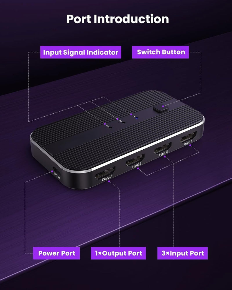 HDMI Switch 3 in 1 Out 4K@60Hz, 3 Port HDMI Switch 3 in 1 Out with Remote Support HDCP2.2 Compatible with Dolby Nintendo Switch PS5/4/3 Xbox Roku TV Fire Stick Blu-Ray Player