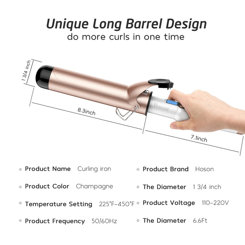Hoson 45mm Curling Tongs Large Barrel Hair Curler, 1.5" Long Barrel Curling Wand Dual Voltage, Ceramic Tourmaline Coating with LCD Display, Glove Include