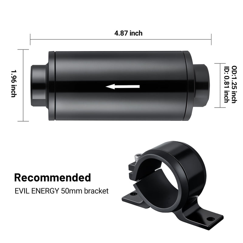 EVIL ENERGY Inline Fuel Filter 10 Micron with Barb 1/2", 3/8", 5/16" Fitting Adapter, Bracket Clamp 50MM Universal Aluminum Black for Gasoline, Diesel, Rubber Fuel Line