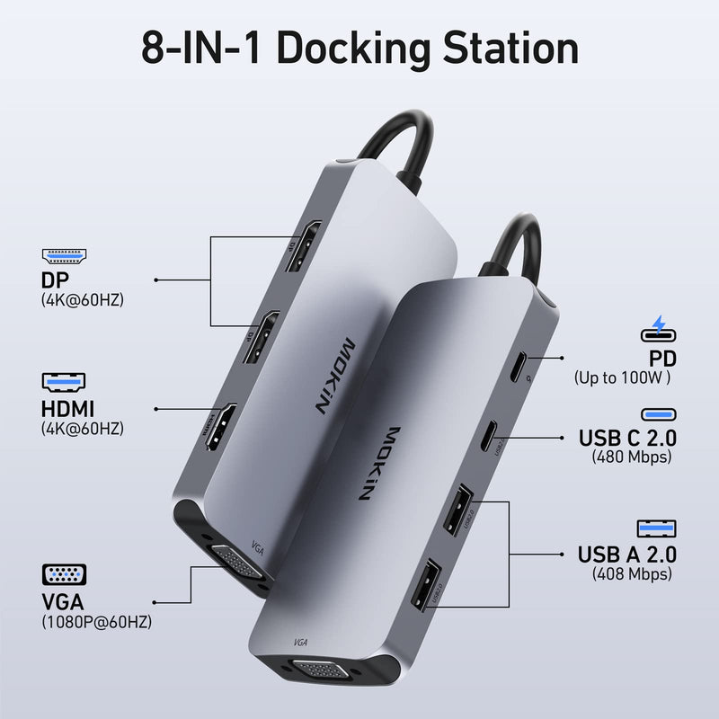 USB C Docking Station Dual DisplayPort, 8 in 1 USB Hub with 2 DP, HDMI, VGA, USB C 2.0, A 2.0, PD Charging Port, Multi Monitor Adapter for Dell/HP/Lenovo Laptops 8-in-1