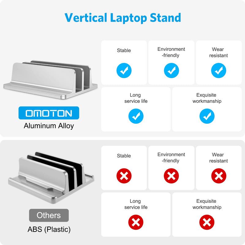 OMOTON [Updated Dock Version Vertical Laptop Stand, Double Desktop Stand Holder with Adjustable Dock (Up to 17.3 inch), Fits All MacBook/Surface/Samsung/HP/Dell/Chrome Book (Silver) Silver