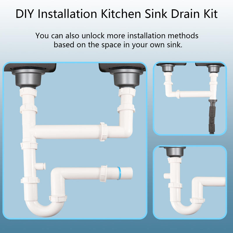 Universal 1-1/2" Kitchen Sink Drain Kit, Space-Saving kitchen drain P-trap With retractable flexible Pipe Completed Sink Pipe Replacement Kit (DIY Installation) Double Sink Drain Kit White