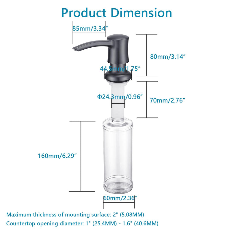 Soap Dispenser for Kitchen Sink, Built in Sink Soap Dispenser Black Stainless Dark Gray ABS Pump Head Gunmetal Gray with 11 Ounce Soap Bottle