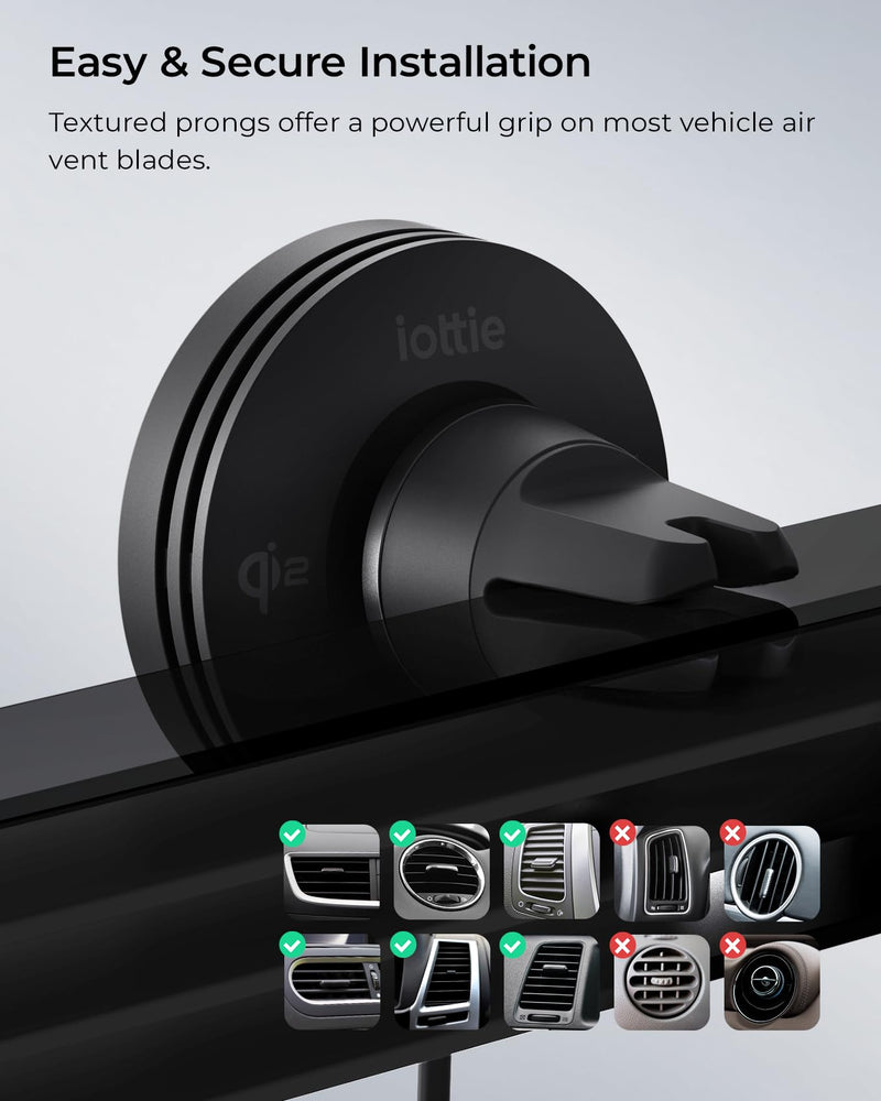 iOttie Velox Qi2 Mini Wireless Charging Car Mount - MagSafe Compatible Air Vent Phone Mount with 15W Charging for Qi2-enabled Smartphones Including iPhone 12,13,14,15,16 and 17. Car Charger Included. Qi 2 Wireless Charging