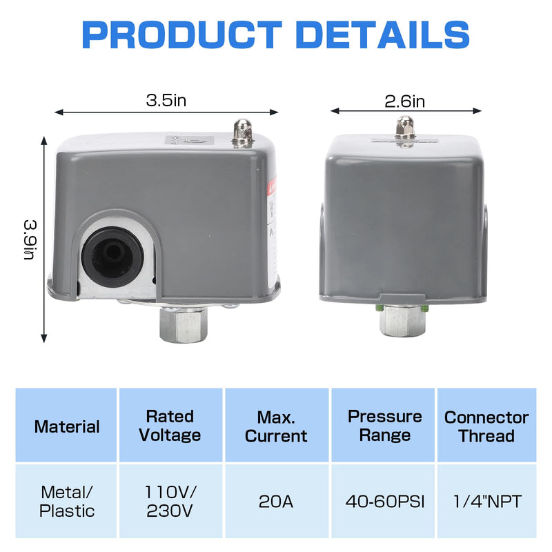 D-HONOR Water Pump Pressure Switch, Adjustable Pressure Controller KRS-3 40-60 PSI