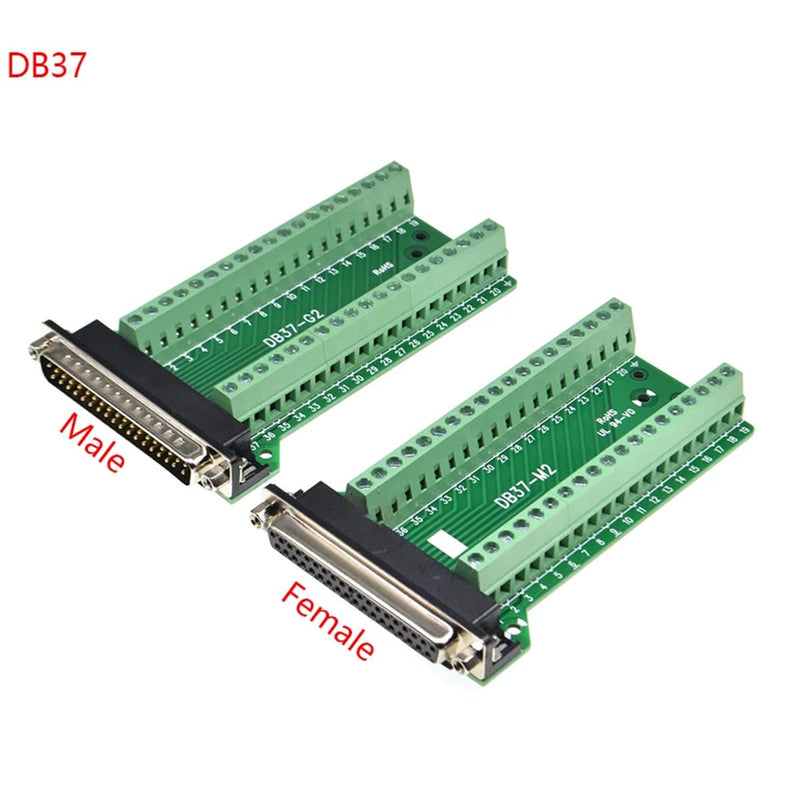 2Pcs DB37 Male Female Breakout Board Connector, RS232 D-SUB Serial 37 Pin Port Terminal Solderfree Adapter with Nut