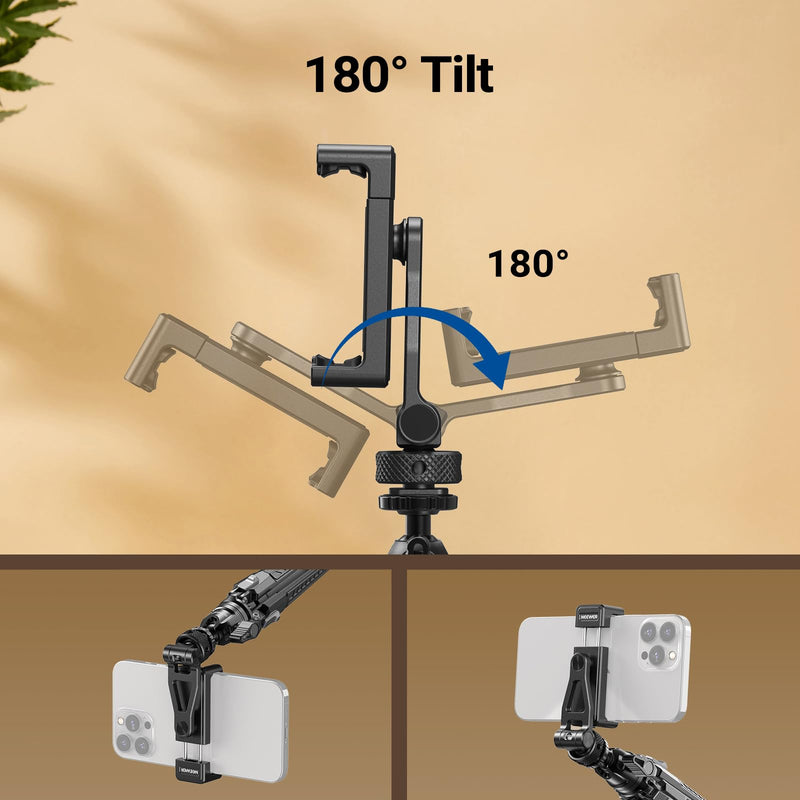NEEWER GA010 Phone Tripod Mount, 65–90mm Adjustable Phone Clamp Holder with 1/4" Thread, 180° Tilt, 360° Swivel, Cold Shoe Accessories Compatible with iPhone 17 Pro Max Samsung S26 Ultra & More