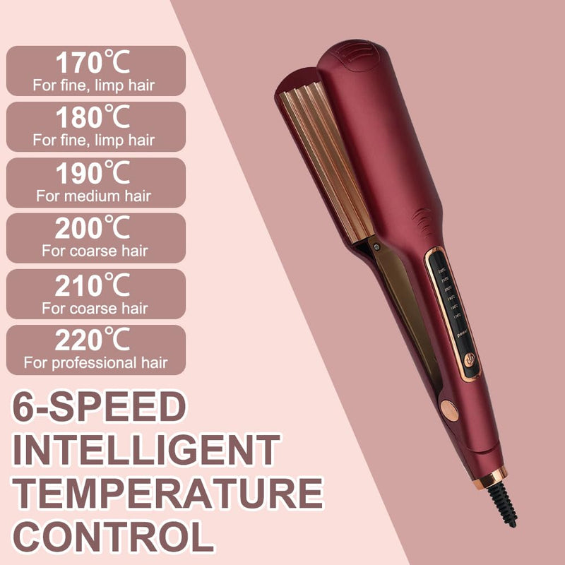 Hair Crimper for Women, Professional Crimper Hair Tool, Ceramic Crimper Wave Curling with 6 Adjustable Temperatures, Iron Wand Wet Dry Styling Tool for Fluffy, Corn, Perm, Waves, Straight Hair Red