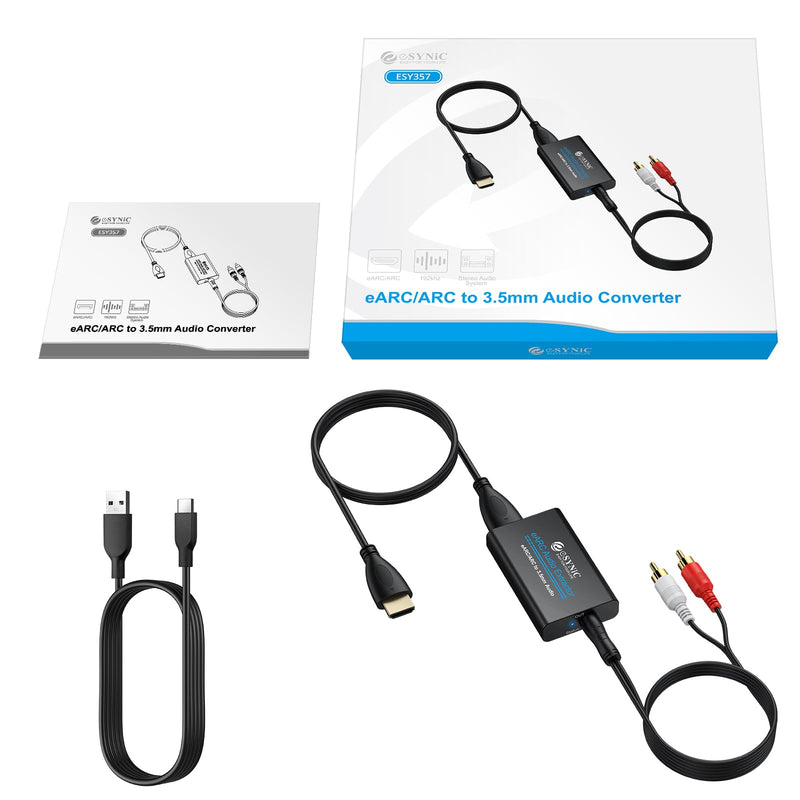 eSynic 7 FT Long eARC/ARC Audio Extractor-Plug & Play-Only Work For HDTV ARC/eARC Interface-192KHZ ARC to RCA&3.5MM Aux Adapter From HDTV to 3.5MM Headphone&L/R Stereo Audio System-No Optical Soundbar eARC/ARC to RCA