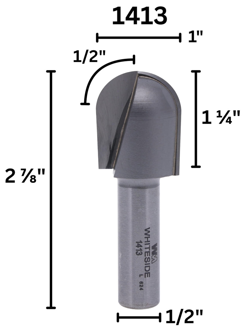 Whiteside 1413 Round Nose Router Bit: 1 Inch Cutting Diameter, 1/2 Inch Shank, 1-1/4 Inch Cutting Length, 1/2 Inch Radius