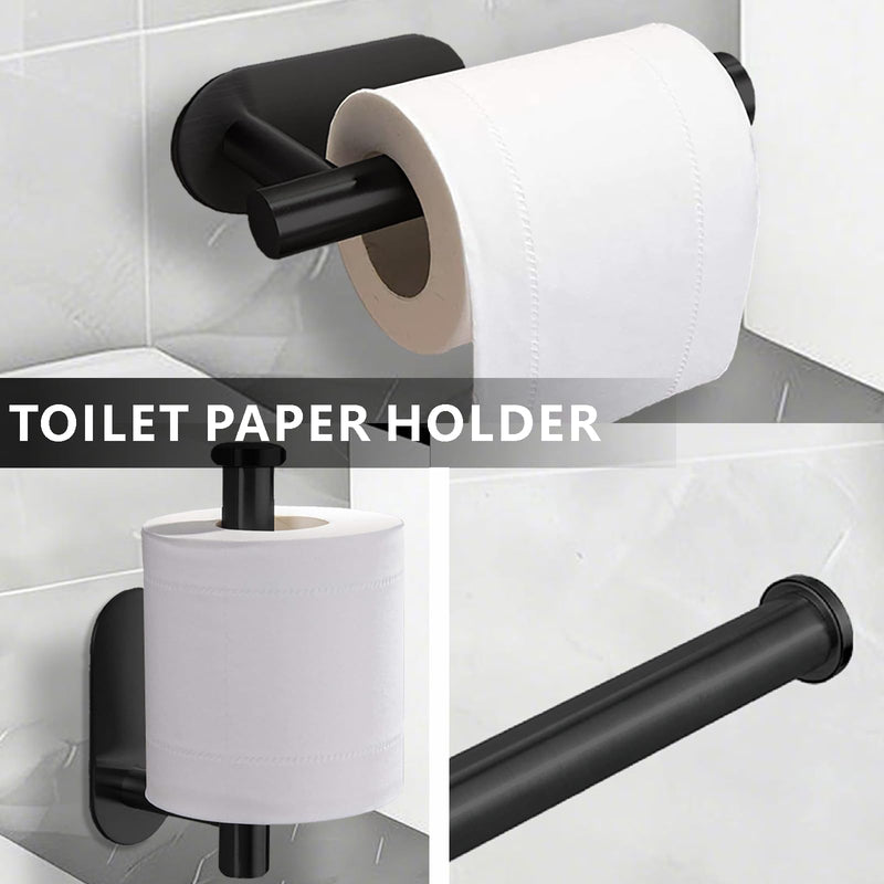 Self-Adhesive Bathroom Hardware Set, Towel Ring, Toilet Paper Holder and 2 Towel Hooks for Kitchen/Bathroom, No-Drilling Stainless Steel Bathroom Accessories, Wall Mounted, Black