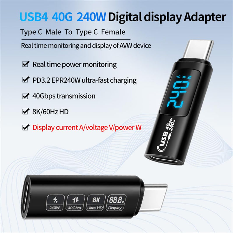 USB C Adapter, 2Pack 240W USB C Male to USB C Female Extension Adapter Type C Power Meter Tester with Digital Display for iPad Pro iPhone 15 Pro Max MacBook Laptop and All USB C Cable(USB 4.0) USB4.0