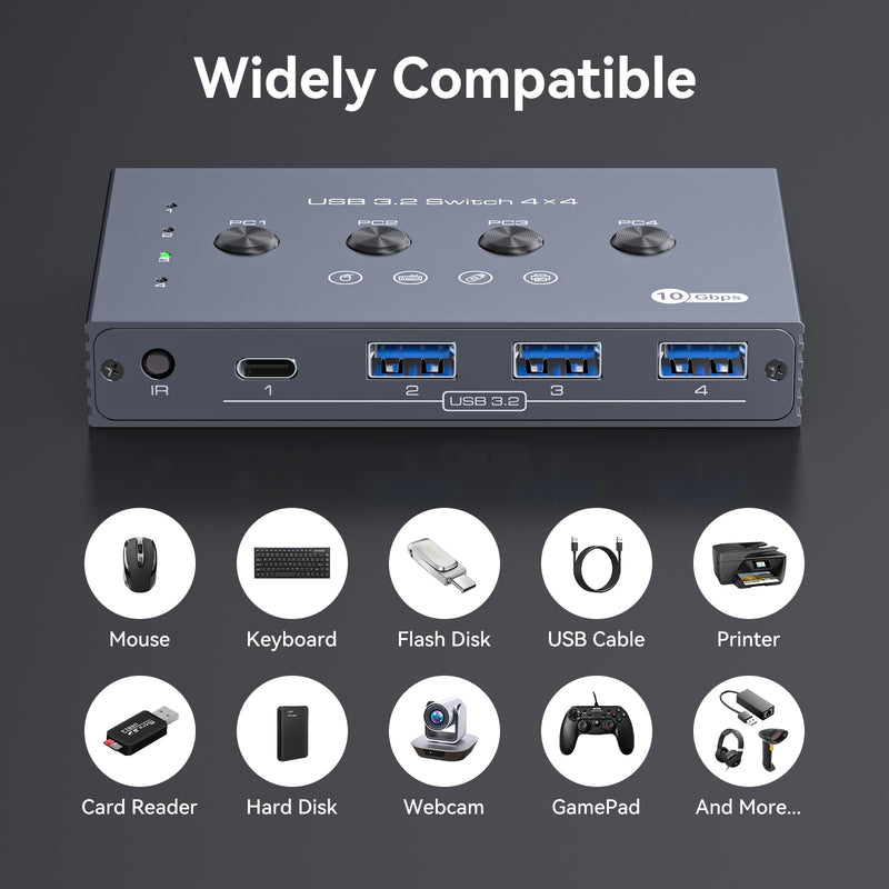 USB 3.2 Switch Selector 4 Computers Share 1 USBC & 3 USBA Devices 10Gbps 4 Port USB Switcher Sharing Keyboard Mouse Printer Scanner with Cable and Remote Control and a dapter USB 3.2