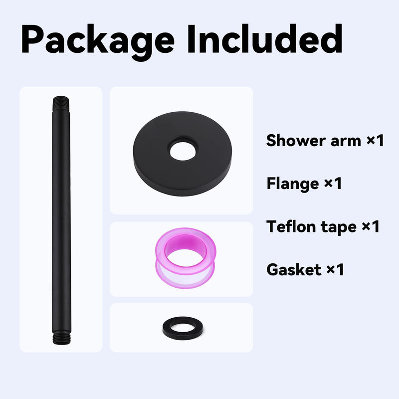 12 Inch Ceiling Mounted Shower Arm with Large Flange, Matte Black, Made of 304 Stainless Steel, Straight Shower Arm for Morden Bathroom 12 Inch