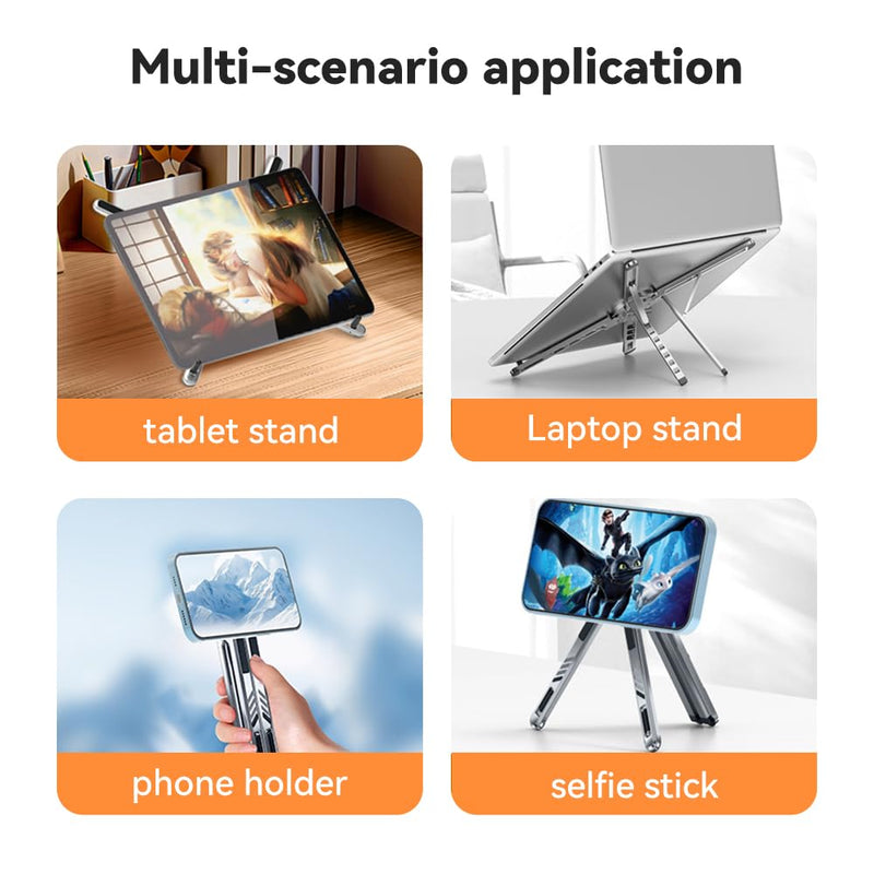 Portable Laptop Stand, Aluminum Foldable Adjustable Laptop Lifter with Magnetic Phone Stand, Compatible with 10-16 inch laptops, 4-13 inch Phones, and Tablets，(Grey)