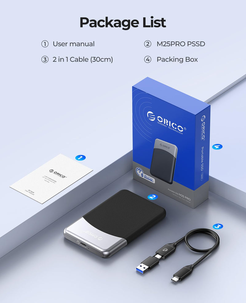 ORICO 1TB External SSD with 2 in 1 USB C Cable, Portable Solid State Drive USB 3.2 Gen 1 Up to 460MB/s, Dust and Drop Resistance, Reliable Storage for USB-C Smartphone, PC, Tablet, Labtop - M25PRO
