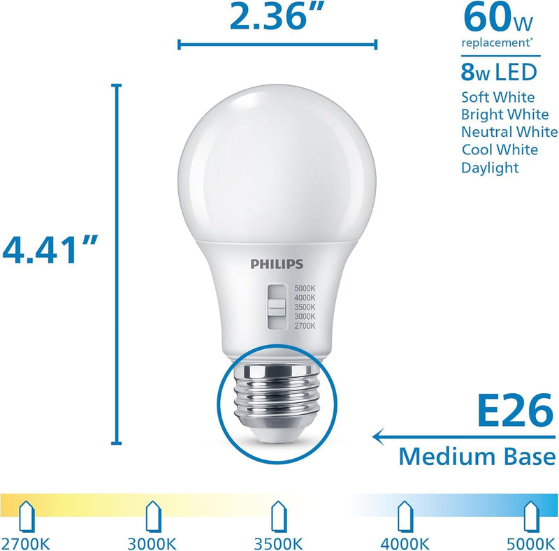 PHILIPS LED 60W A19 12-Pack Selectable White Multi-CCT 800 Lumen (8W = 60W) Dimmable Frosted Flicker-Free Light Bulbs