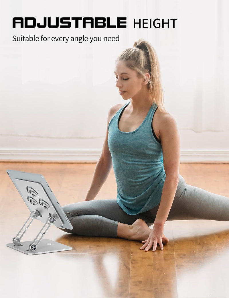 Tablet Stand Dual Adjustable Ipad Stand for Desk, and Premium Aluminum Stand Holders, Portable Ipad Holder Fits to all tablets, kindle, Switch,Phones and laptops up to 12.4 inches.(Silver) Silver
