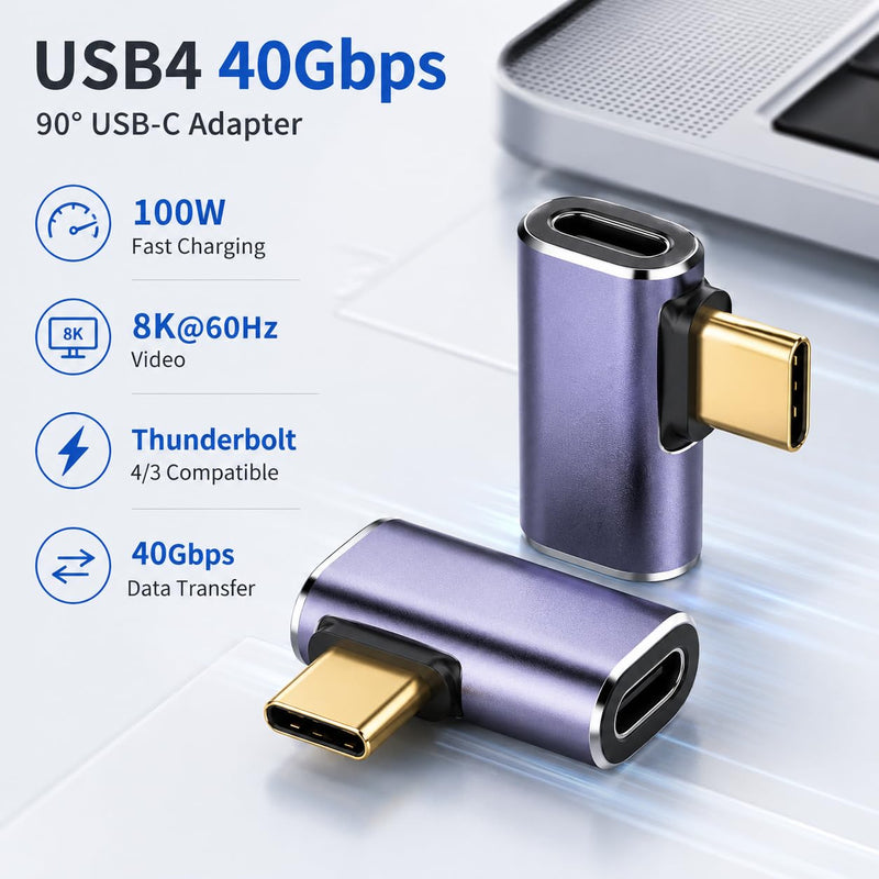 2 Pack Left Right 90 Degree USB C Adapter Thunderbolt 4 USB4 40Gbps 100W PD Fast Charging 8K Video L Shape Type C Extender Connector for Laptop Phone VR