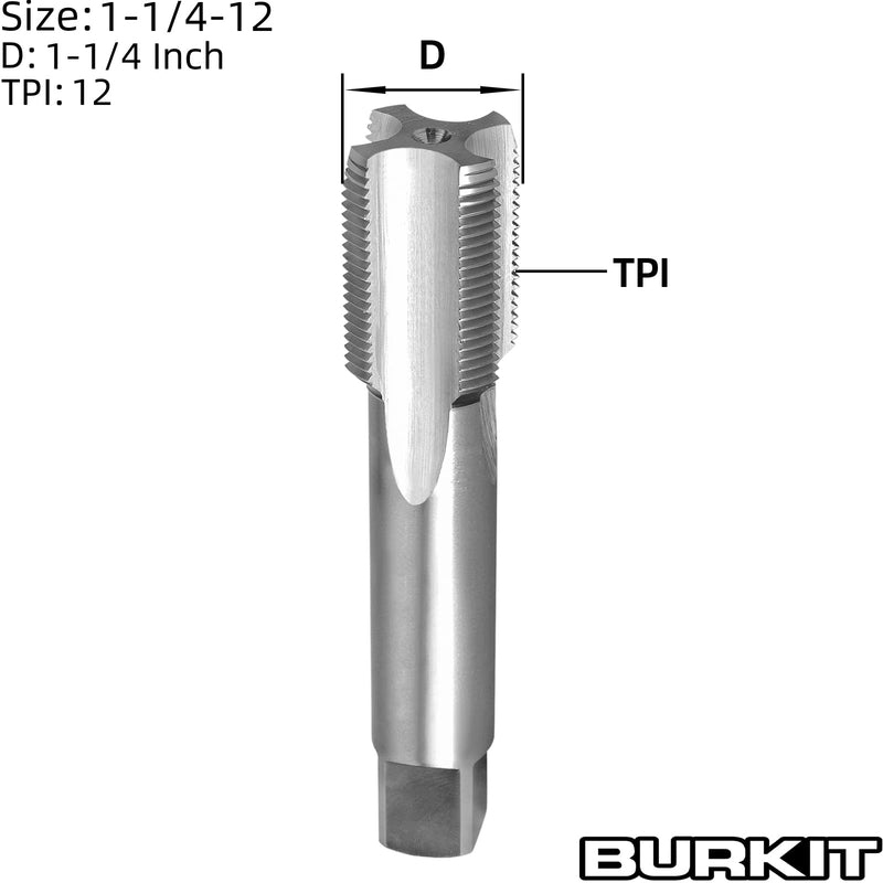 Burkit 1-1/4"-12 UNF Thread Tap Right Hand, HSS 1-1/4 x 12 UNF Straight Fluted Machine Tap