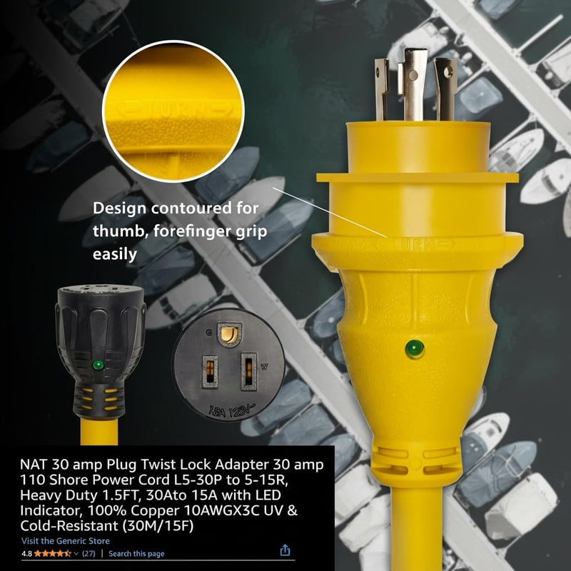 NAT 30 amp to 110 Adapter︱NEMA L5-30P to 5-15R Shore Power Cord 1.5FT︱30A to 15A with LED︱Indicator Heavy Duty 10AWGX3C 100% Copper︱STW UV & Cold-Resistant Jacket (30M/15F)