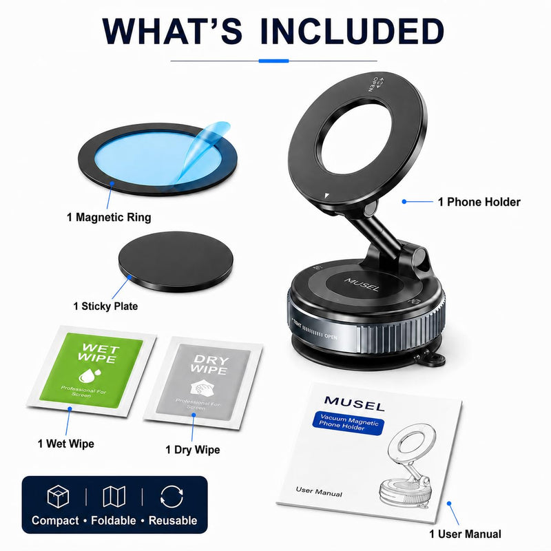 MUSEL Magnetic Car Phone Holder for MagSafe, Vacuum Mount for iPhone 17-12 | 88 lb suction hold, 2600 gf magnetic force, 22 N55 magnets, 360 degree rotation, bottom plate and ring included, dash mount