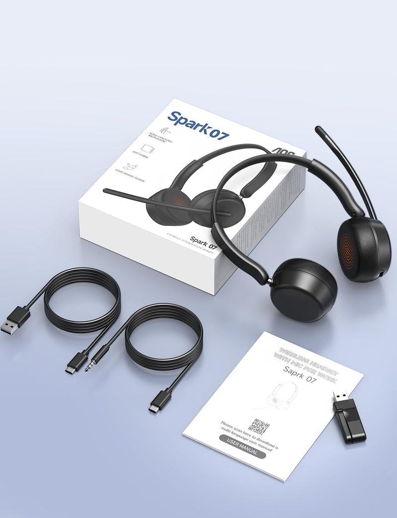 AOC Wireless Headset with Mic for Work, Bluetooth 5.4 Headphones-Dark Black | AI Noise-Canceling Mic for Clear Calls, Computer Headset with Mic Mute & USB A/C Dongle for PC, Computer, Laptop Dark Black