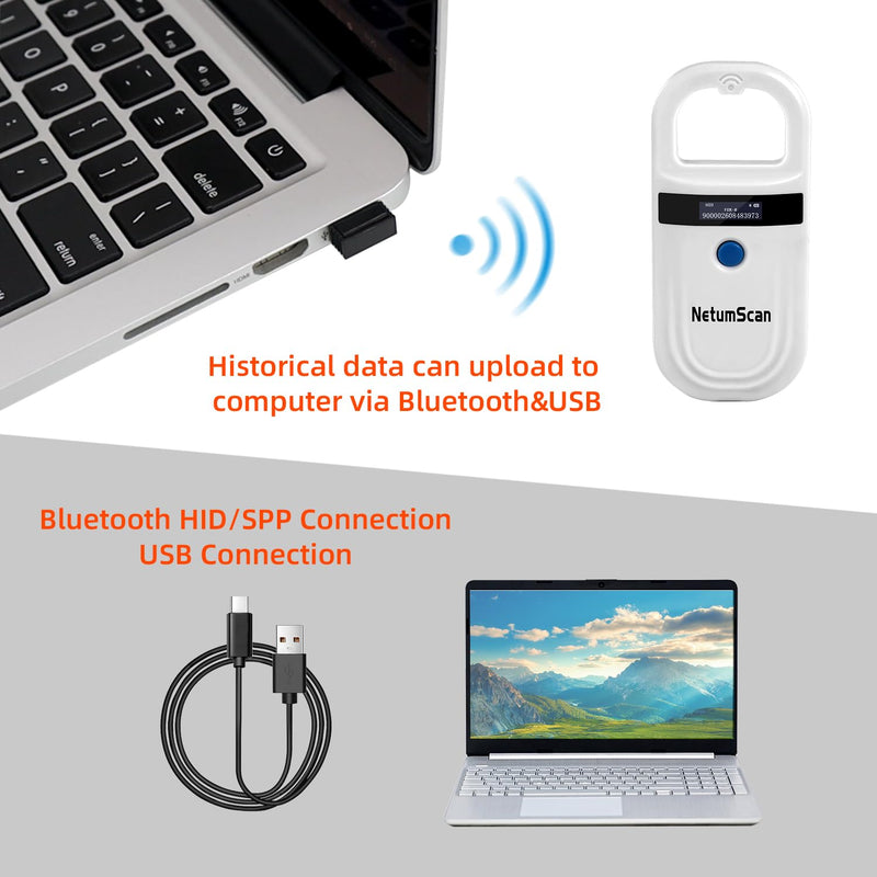 NetumScan Bluetooth Pet Microchip Reader, RFID EMID Handheld Pet Chip ID Scanner Rechargeable Data Storage Animal Tag Scanner with Stable OLED Display for ISO 11784/11785,FDX-B 180-USB