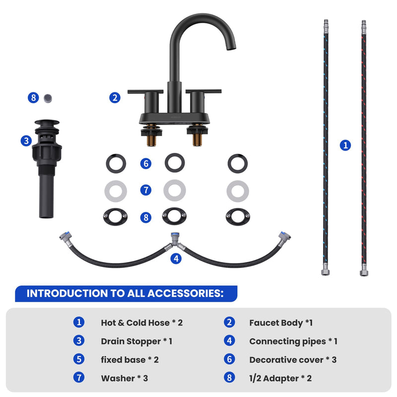 Hurran 4 Inch Bathroom Faucet for Sink 3 Hole, Matte Black Bathroom Faucet with Pop-up Drain and 2 Supply Hoses,Stainless Steel Lead-Free 2-Handle Centerset Faucet for Sink Vanity RV