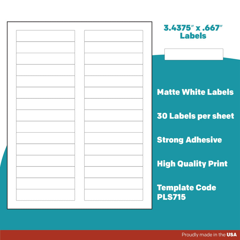 Premium Label Supply White File Folder Labels – 3.4375" x .667" – Laser/Inkjet Compatible – (30 per Sheet) 25 Sheets – 750 Total Adhesive Labels 750 Labels