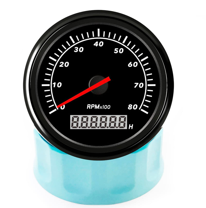 Universal Marine Tachometer Gauge Outboard Waterproof 85mm 0-8000 RPM with Red Backlight Hour Meter for Boat Car Motorcycle 12V/24V Black