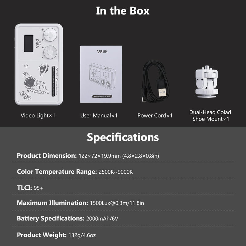 VRIG FD-90 LED on Camera Video Light, Portable Camera Lights, 20 Light Scenes,98 LED Beads for Photography Video Lighting, Rechargeable 2000mAh CRI 95+ 2500-9000K w Cold Shoe