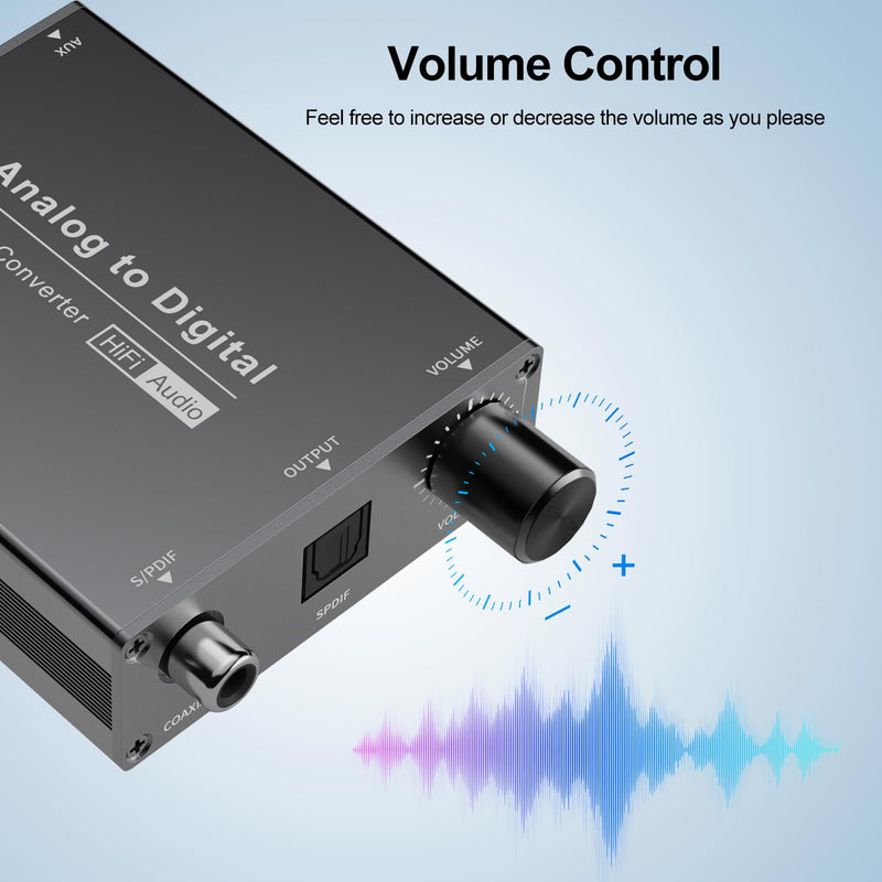 Analog to Digital Audio Converter, RCA to Optical Audio Converter with 3.5mm AUX Jack and Coaxial Adapter for Soundbar, Equipped with Volume Adjustment Function