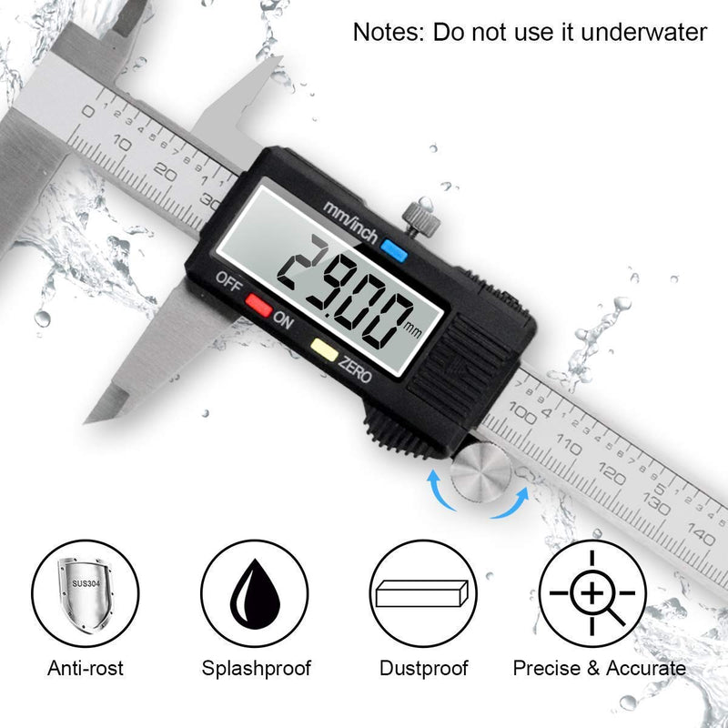Caliper Measuring Tool, Qfun Vernier Digital Caliper Stainless Steel 6 Inch/150mm, Digital Micrometer Waterproof, Easy Switch from Inch to Millimeter, Large LCD Screen IP54-Black