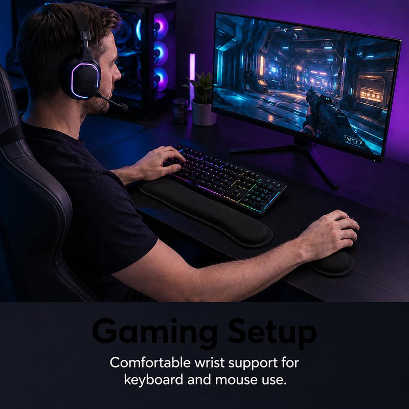 2 Piece Wrist Rest Set, Enlarge Silky Superfine Fabric Gel Keyboard Mouse Pad for Typing Pain Relief, Ergonomic Soft Memory Foam Hand Rests for Office Gaming Computer Laptop Workstation, Black