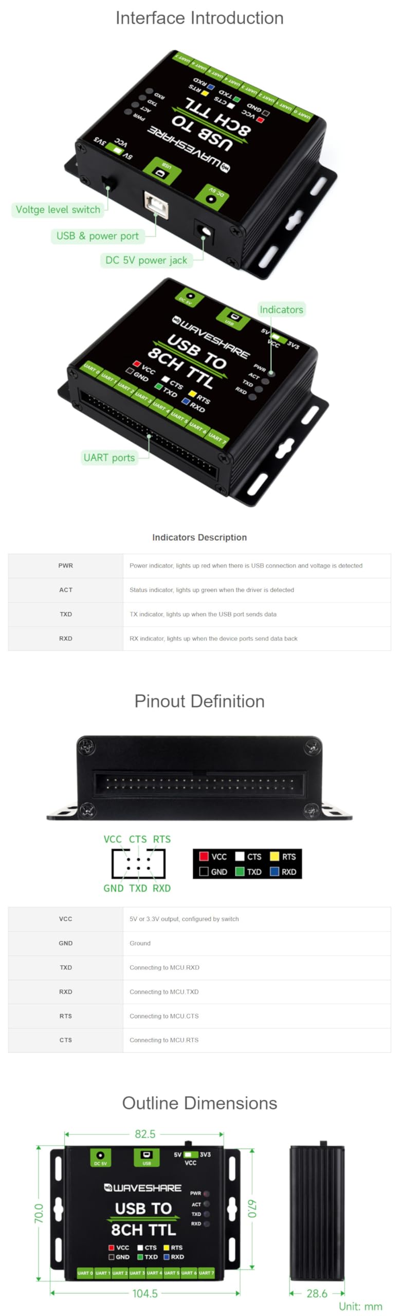 Industrial USB to 8CH TTL (UART) Converter USB to UART USB to TTL Adapter Multi Protection Circuits Multi Systems Support