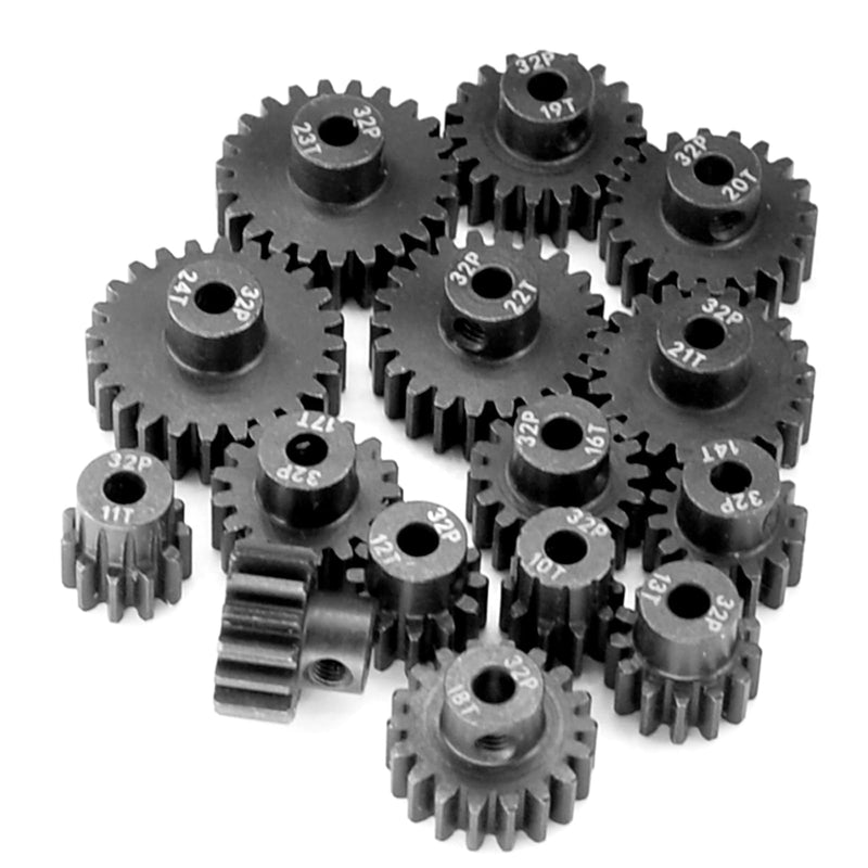 32P Hardened Pinion Gear Set 1/8inch Hole Metal Pinion Gear 10T 11T 12T 13T 14T 3.175mm RC Motor Pinion Gear Kit for 1/10 RC Car 10 11 12 13 14T