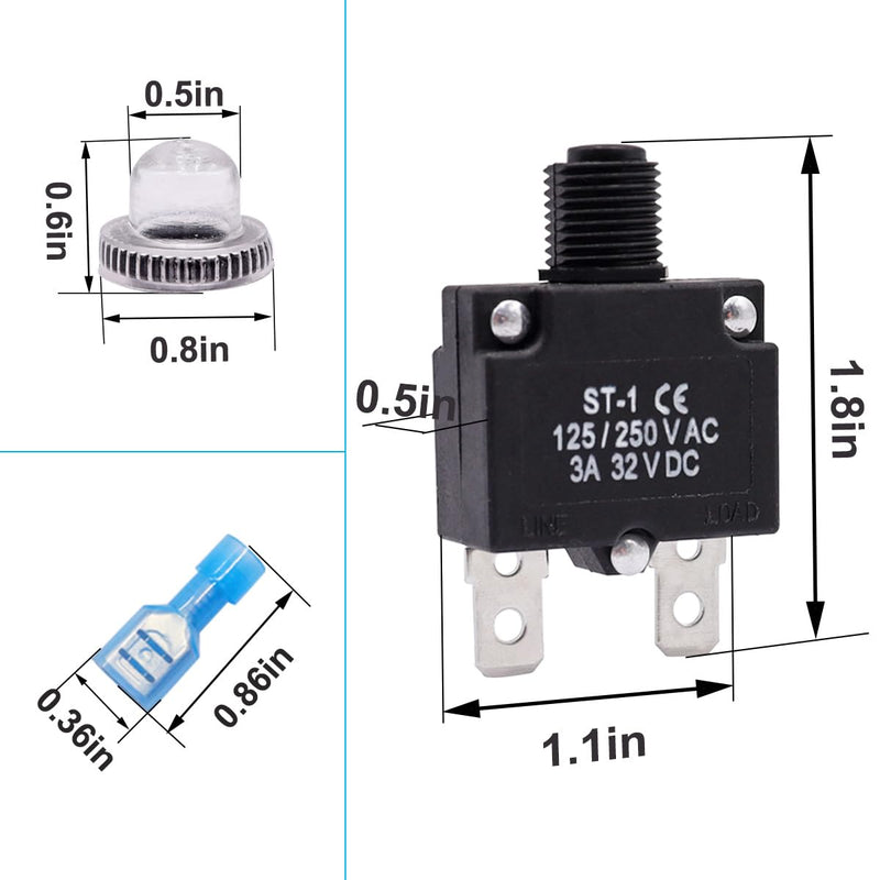 mxuteuk 5Pcs 3,5,10,15,20Amp Circuit Breakers Push Button Manual Reset 125/250V AC 32V DC,Overload Protector Switch Thermal Circuit Breakers with Quick Connect Terminals and Waterproof Button Caps 3A5A10A15A20A KIT