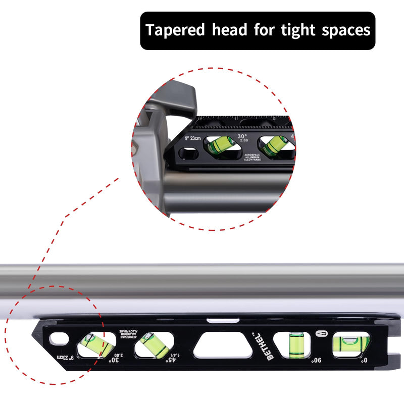 BETHEL 9 Inch Magnetic Torpedo Level with 4 Bubble Vials, V-Groove & Magnetic Rails, Black Aluminum Alloy Construction Black 9in