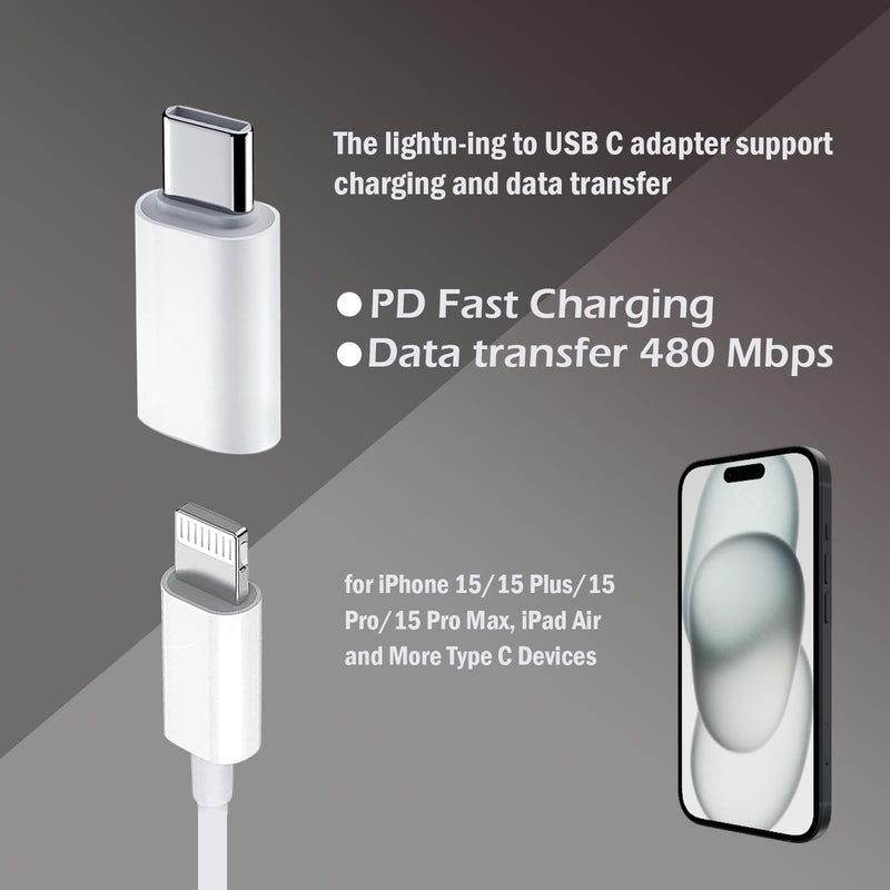 for Lightning Female to USB C Male Adapter, for Lighting to USB C Adapter Charging for iPhone 15/15 Pro/15 Pro Max/15 Plus,iPad Air, Samsung, Support Data Transfer and Charging(2Pack) White