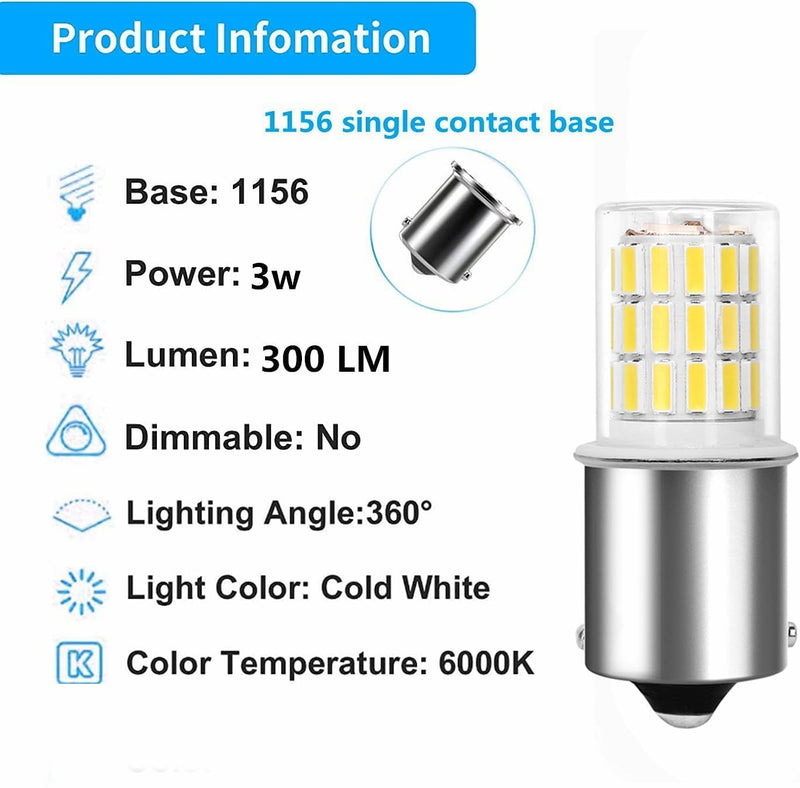 1156 Ba15s 12V 24V 3w LED Light Bulb 6000K Daylight White, 1141 S8 Bayonet Bulb Socket Single Contact, for Landscape, RV, Boat Mower Lawn Tractors, Reversing lights. Pack of 3 ba15s 12v White