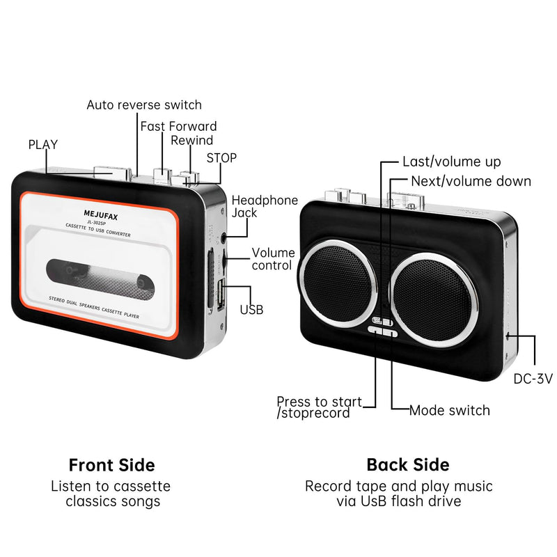 Cassette Player Recorder, Portable Cassette Tape Player with Built-in Dual Speakers, Auto Reverse, Cassette to MP3 Converter,Rewind Stereo Cassette（Black） Black