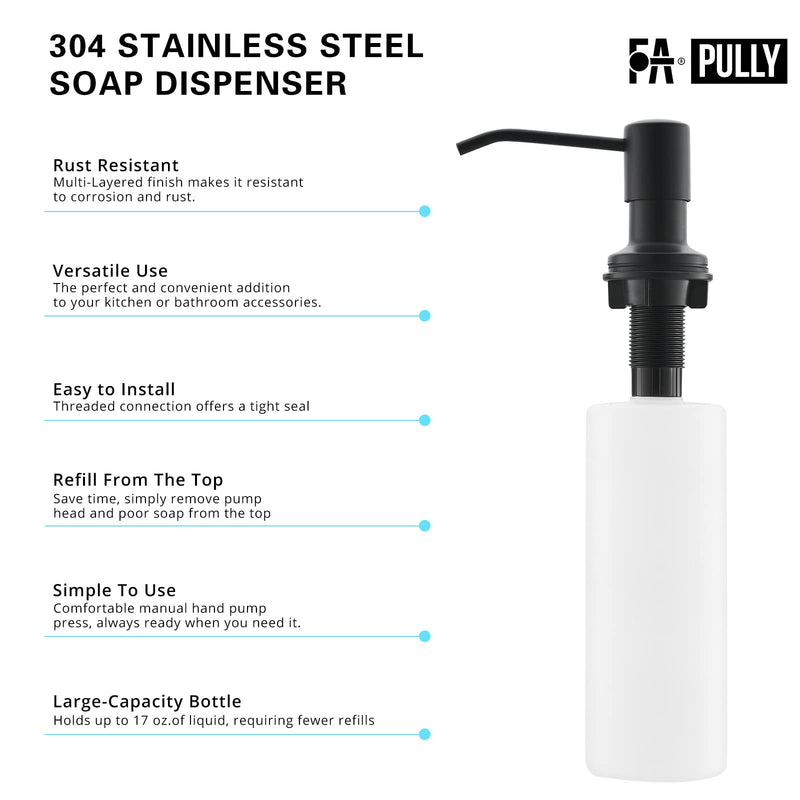 Fapully Built in Soap Dispenser,Stainless Steel 17OZ Dsih Soap Dispenser or Lotion for Kitchen Sink Matte Black